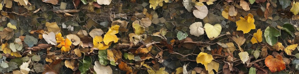 Bodenbedeckung mit Herbstlaub, gelbe und braune Bl&auml;tter bedecken den Waldboden oder Pflaster.