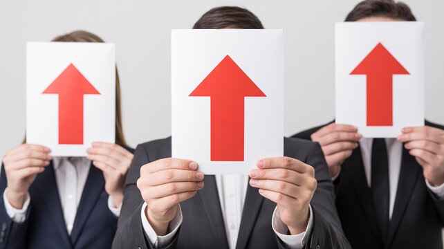 Three business people conceal faces behind white cards displaying prominent red arrows.