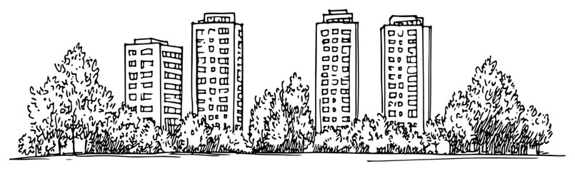panoramic sketch of high rise tower blocks in a green park setting © Kaz