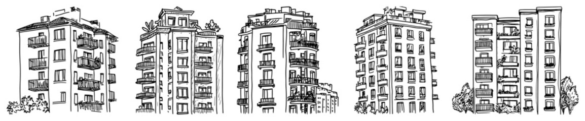 Set of various urban residential apartment block sketches in a hand drawn architectural style © Kaz