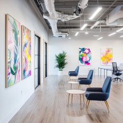 Fototapeta premium A spacious open office interior featuring collaborative workstations equipped with modern technology and colorful decor elements. The design promotes teamwork and creativity, with comfortable seating