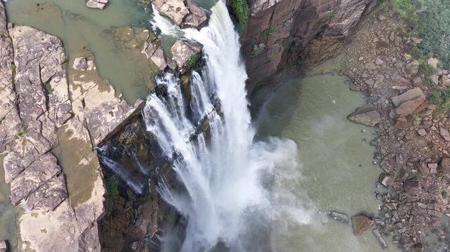 Aerial Slow Motion View of Chachai Waterfall in Rewa Madhya Pradesh India