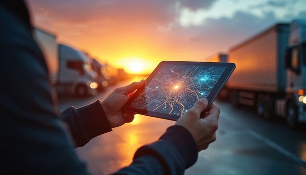 Person holds tablet with digital truck network display against sunset. Semitrucks line up in background. Logistics manager plans freight routes using modern tech.