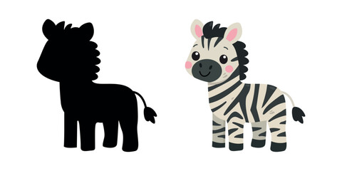 Obraz premium Cute baby zebra cartoon with shadow silhouette for kids educational game