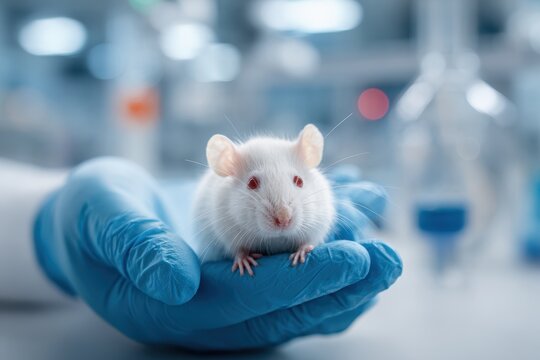 Close-up of a white laboratory rat cradled in gloved hands in a clinical lab setting