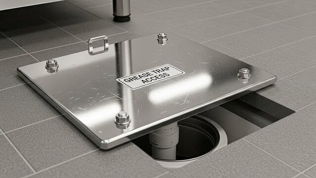 Stainless steel grease trap access cover, partially open, on tiled floor, with pipe visible