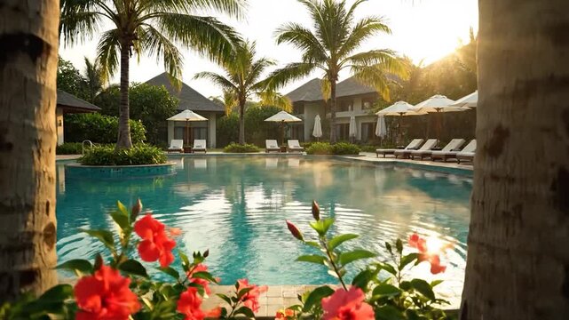 Tropical resort swimming pool with palm trees and lounge chairs
