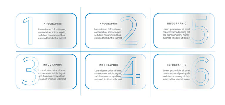 6 steps business infographic template, modern grid layout with large outline numbers and text placeholders for data visualization