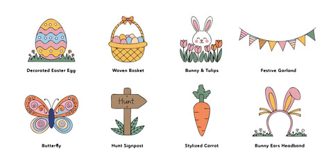 Fototapeta premium A colorful Easter-themed vector graphic illustration featuring various festive icons