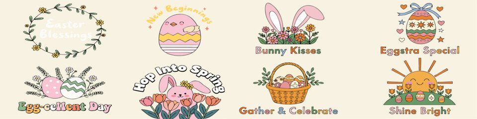 Fototapeta premium A colorful Easter-themed vector graphic illustration featuring cute bunnies, eggs, and spring flowers in a playful design