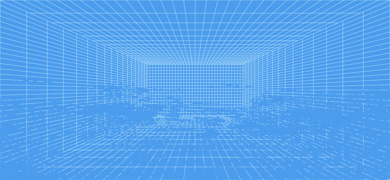 3d wireframe grid room. 3d perspective laser grid 16 9.. Cyberspace blue background with white mesh. Futuristic digital hallway space in virtual reality. Vector illustration.