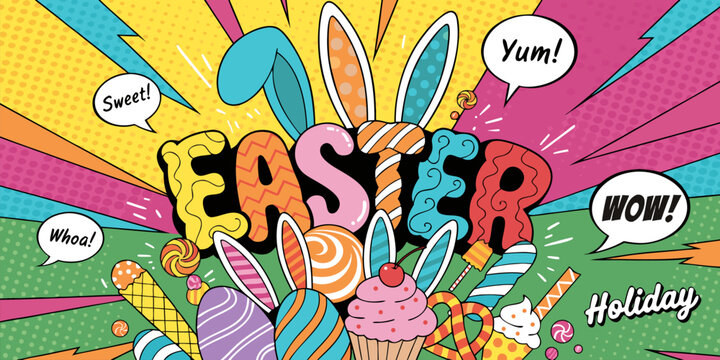 A colorful Easter-themed vector graphic with candy and bunny ears