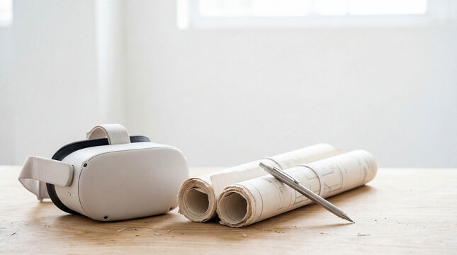 VR headset and blueprints on architect's modern desk.
