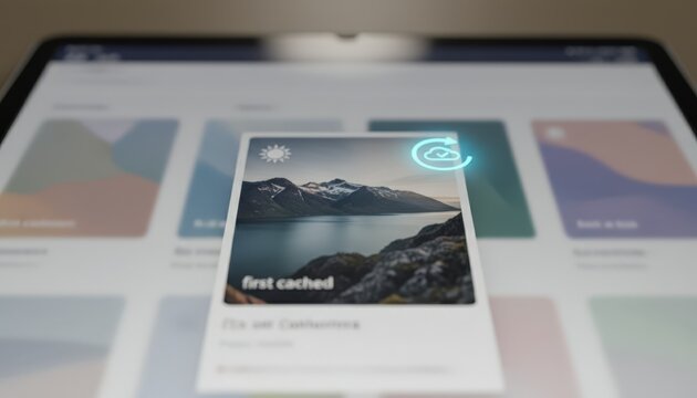 Focus on a featured first cached article in a progressive web app offline display sync status icon prominently visible with rest of the article list gently blurred.