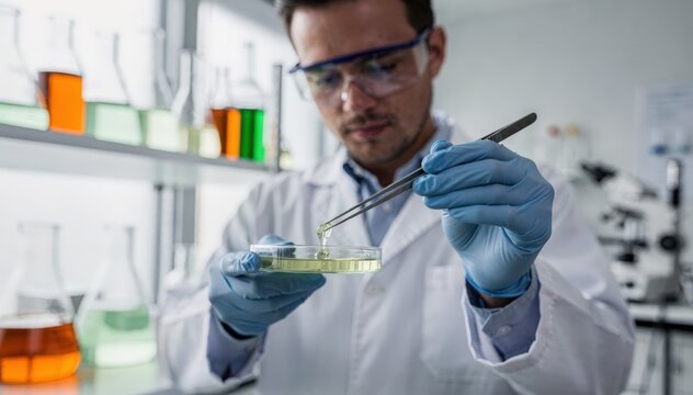 Medium shot of scientist examining biobased synthetic polymer resin with plantderived monomers in a modern lab highlighting partial biocontent for sustainable materials research.