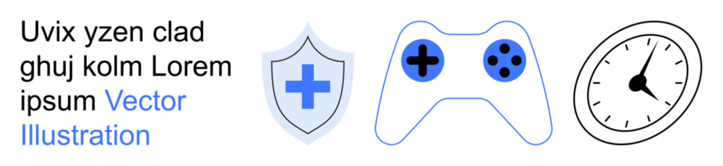 Obraz premium Health protection, gaming, time management, digital interfaces, tech services, productivity concepts. Shield with healthcare icon, a gaming controller and a clock. Health protection and gaming ideas