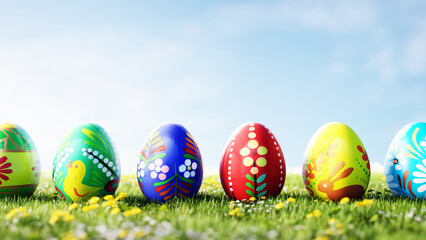 Colorful decorated easter eggs in a sunny spring green meadow, blue sky