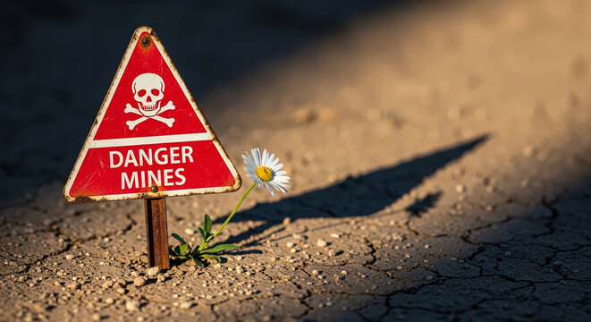 Rusty danger mines sign with white flower in cracked dry earth