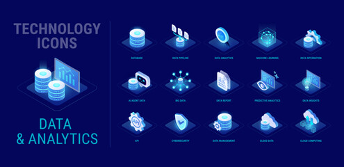 Plakat Technology icons set for Data Analytics workflow diagram - AI and data, data report, big data, data pipeline, API cloud, predictive analysis, statistics, computing - high quality isometric vector