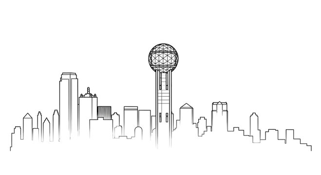 Dallas Skyline Sketch with Reunion Tower - Black and White Cityscape Outline