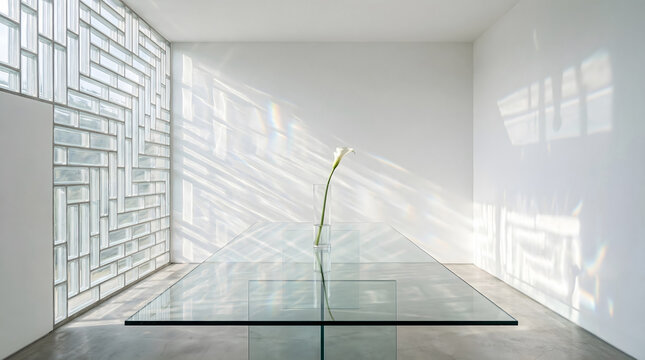 Minimalist White Interior with Glass Table and Single Flower in Soft Natural Light