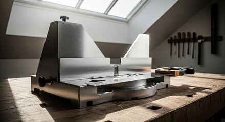A detailed shot of a metalwork machine sitting on a wooden workbench in a workshop