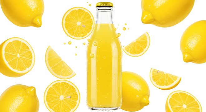 Lemonade Bottle with Fresh Lemons and Lemon Slices on White Background