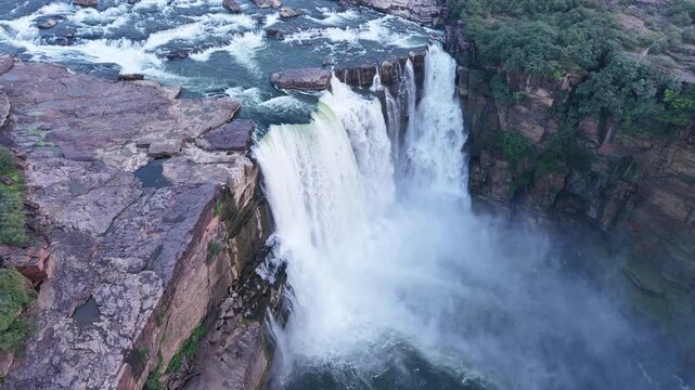 Aerial Slow Motion View of Chachai Waterfall in Rewa Madhya Pradesh India