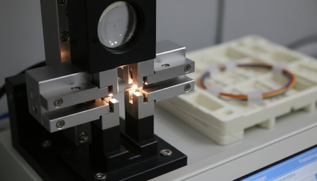 Closeup of a fiber optic splicer precisely aligning glass fibers with a blurred indoor splice tray in the background highlighting intricate fusion splicing work.