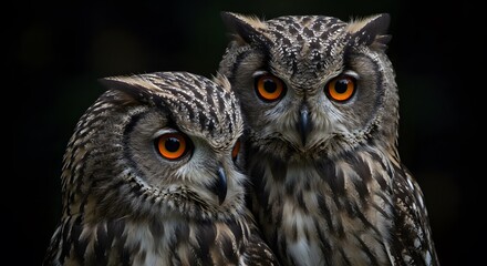 Obraz premium Two Brown and White Striped Owls with Bright Orange Eyes in Dark Forest Background