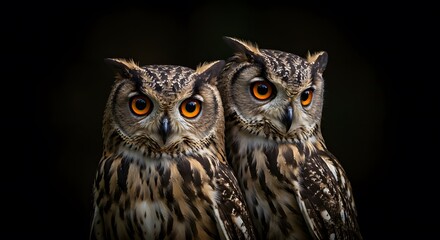Obraz premium Pair of Spectacular Owl Birds with Bright Orange Eyes and Detailed Feathers in Dark Background