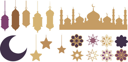 Gold and purple islamic decorations with crescent moon stars and mosque silhouettes © MAMUN