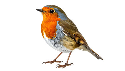 A European robin bird with a vibrant orange breast, grey and brown feathers, set against black