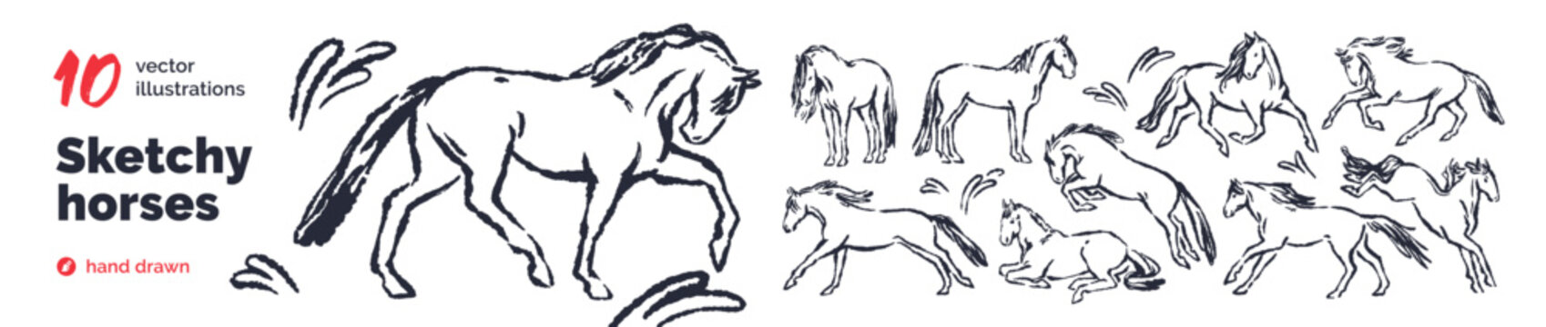 Hand-drawn horses, outline doodle sketches set. Handdrawn line foals, equine animals. Charcoal and chalk contour, whimsical fairytale style. Sketchy vector illustration isolated on white background