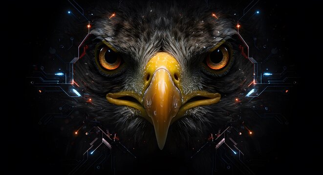 Futuristic Eagle Head with Digital Circuitry and Glowing Elements in Dark Background