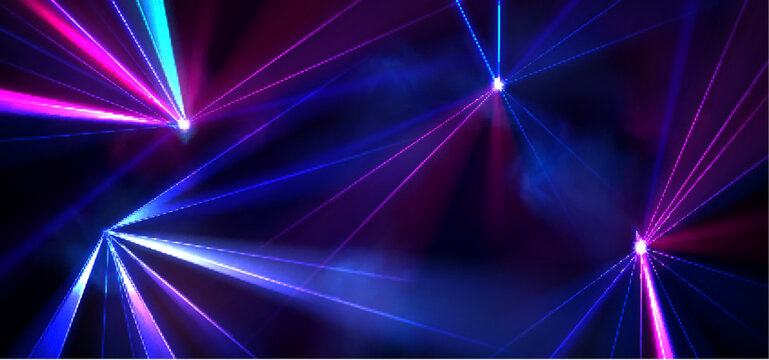 Vibrant laser beams in darkness, dynamic light rays with flare, abstract vector background. Concert stage, nightclub events, and party banner with neon glow effects
