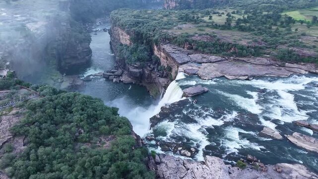 Aerial Slow Motion View of Chachai Waterfall in Rewa Madhya Pradesh India
