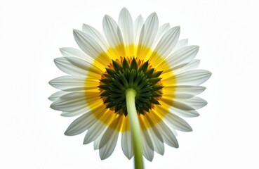 Naklejka premium Underside view of a white and yellow chrysanthemum flower. Close up shot from below shows green stem and center structure against white background. Natural beauty detail.