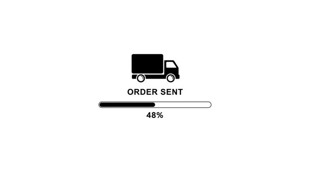 Delivery truck with order sent progress bar loading animation 100 percent complete on white background