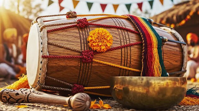 Vaisakhi festival dhol drum and singing bowl beautifully decorated with marigold flowers and colorful ribbons for a cultural celebration