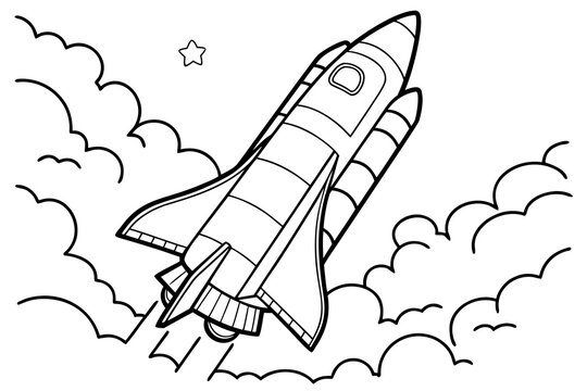 Simple Rocket Line Drawing Coloring Page, Black and White Vector Art