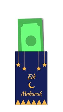 Animated Eid Mubarak Blue Envelope Opening to Reveal Green Money Bills, Islamic Eidi Gift Concept on White Background