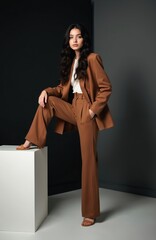 Naklejka premium Young woman poses indoors wearing stylish brown pantsuit with white top. Her wavy dark hair cascades down, she looks confidently. She rests her foot on a white cube, arm in pocket.