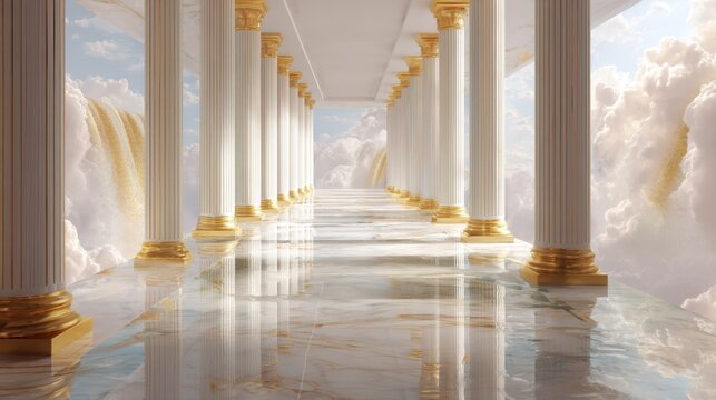 Marble hallway with gold pillars floating in sky. Surreal architecture with white clouds and sparkling golden waterfall. Dreamy fantasy palace corridor for spiritual or divine concept.