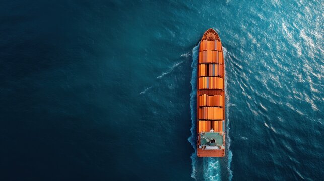 Container ship carrying orange cargo boxes moving across blue ocean. Aerial view of commercial vessel sailing at sea. Global logistics, international trade, maritime transport industry.