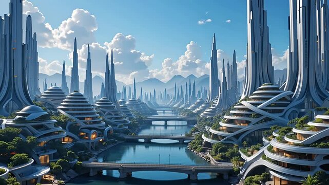 futuristic city skyline with canals and towering spires, utopian architecture