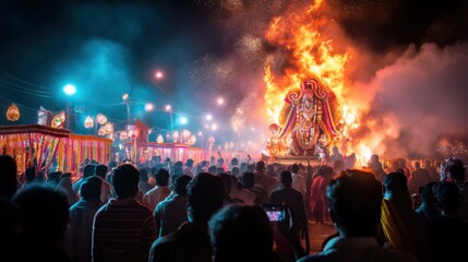Crowd watching burning effigy during traditional Indian religious festival. Large statue engulfed in bright orange flames at night. Cultural celebration, spiritual ritual and ceremony.