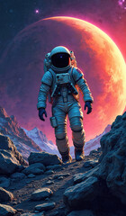 Fototapeta premium Astronaut walks on alien planet surface. Huge red planet looms in dark starry sky. Rocky terrain with purple clouds. Space exploration, discovery, and cosmic adventure.