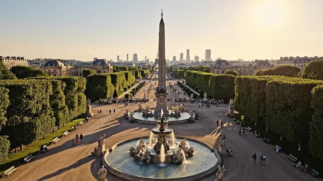 Grand public garden with fountains and a tall obelisk monument