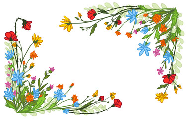 Fototapeta premium Spring wild flowers corner border, natural vector illustration isolated on white background. Wildflower frame with red poppy, daisy and purple bunches, summer meadow pattern, romantic botanical design